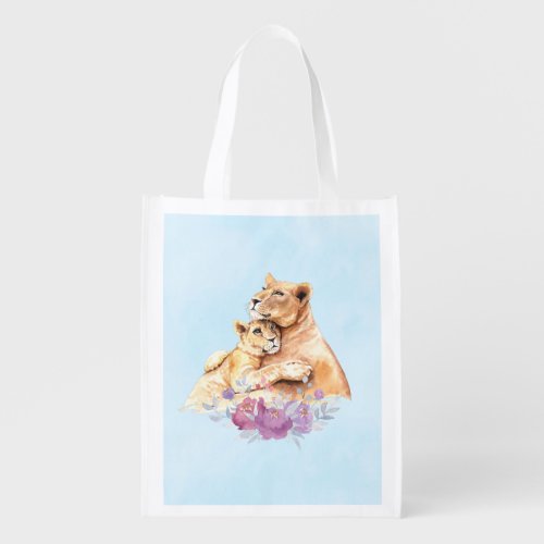 Cute Watercolor Mother Lion  Cub Grocery Bag