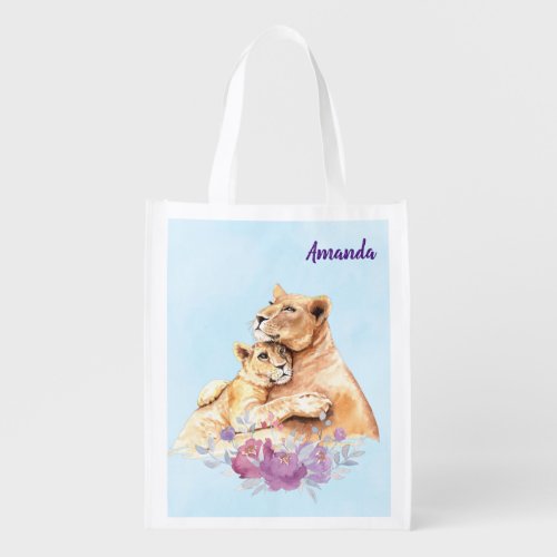 Cute Watercolor Mother Lion  Cub Grocery Bag