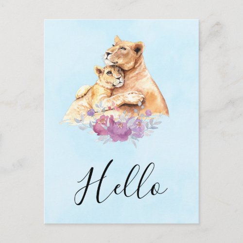 Cute Watercolor Mother Lion  Cub Hello Postcard