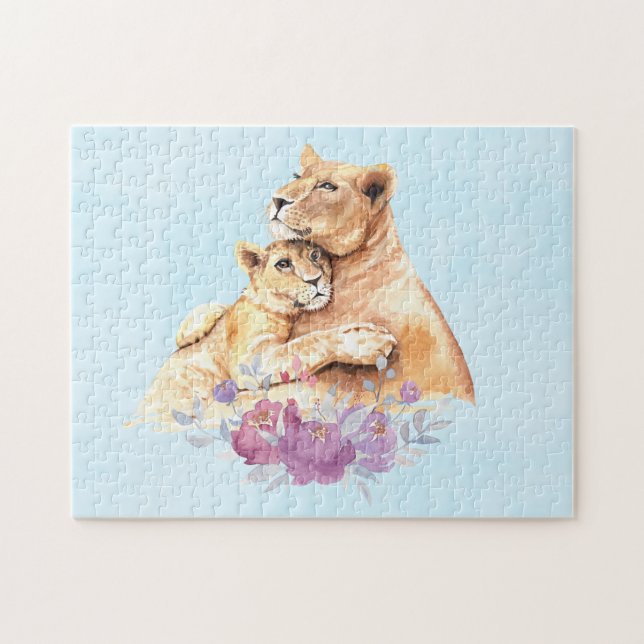 Cute Watercolor Mother Lion & Cub Jigsaw Puzzle (Horizontal)