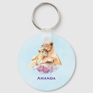 Cute Watercolor Mother Lion & Cub Keychain
