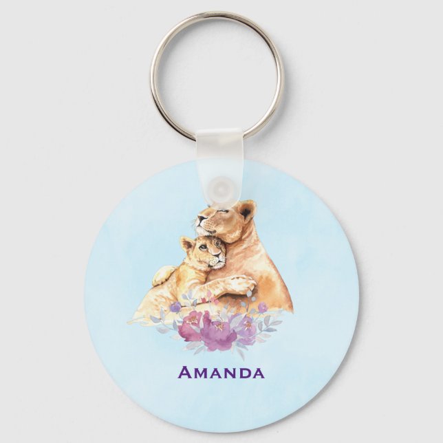 Cute Watercolor Mother Lion & Cub Keychain (Front)