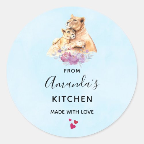 Cute Watercolor Mother Lion  Cub Kitchen Classic Round Sticker