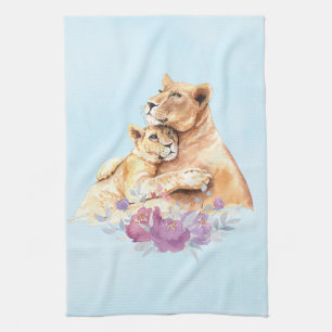 Cute Watercolor Mother Lion & Cub Kitchen Towel