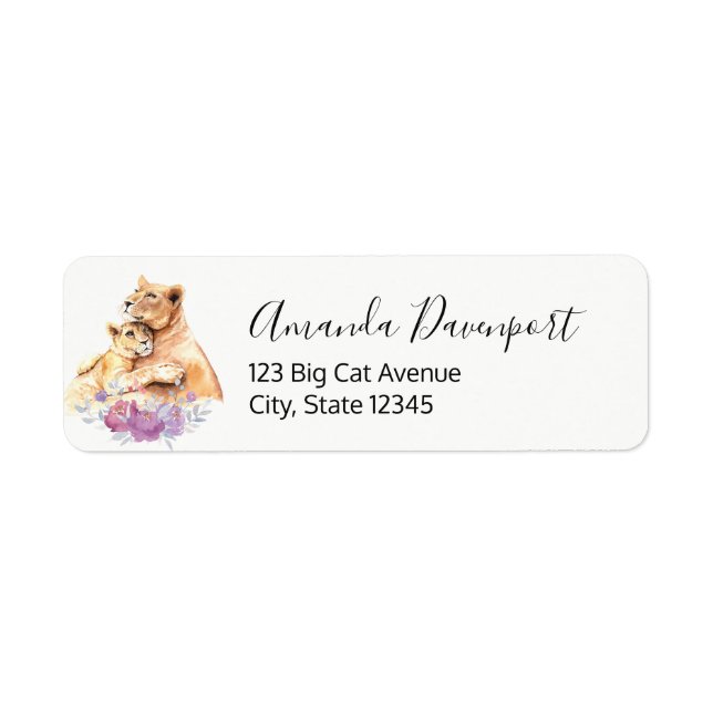 Cute Watercolor Mother Lion & Cub Label (Front)