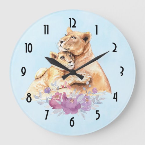Cute Watercolor Mother Lion  Cub Large Clock