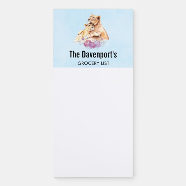Cute Watercolor Mother Lion & Cub Magnetic Notepad (Front)