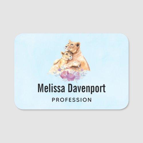 Cute Watercolor Mother Lion  Cub Name Tag