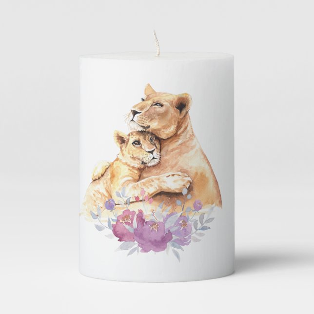 Cute Watercolor Mother Lion & Cub Pillar Candle (Front)