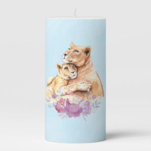 Cute Watercolor Mother Lion & Cub Pillar Candle