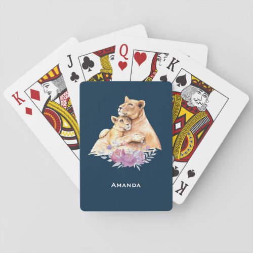 Cute Watercolor Mother Lion  Cub Poker Cards