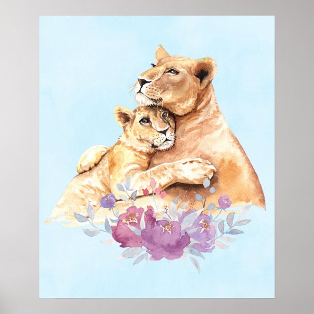 Cute Watercolor Mother Lion & Cub Poster (Front)