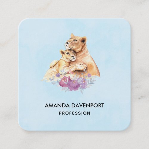 Cute Watercolor Mother Lion  Cub Square Business Card