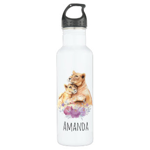 Cute Watercolor Mother Lion & Cub Stainless Steel Water Bottle