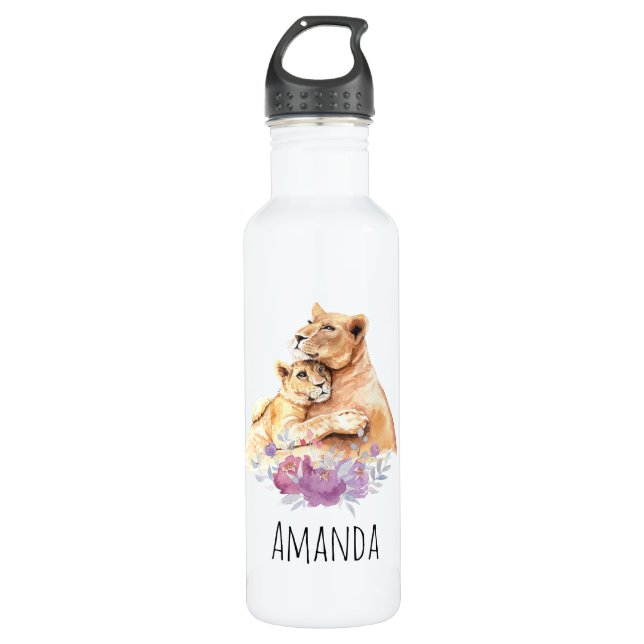 Cute Watercolor Mother Lion & Cub Stainless Steel Water Bottle (Front)