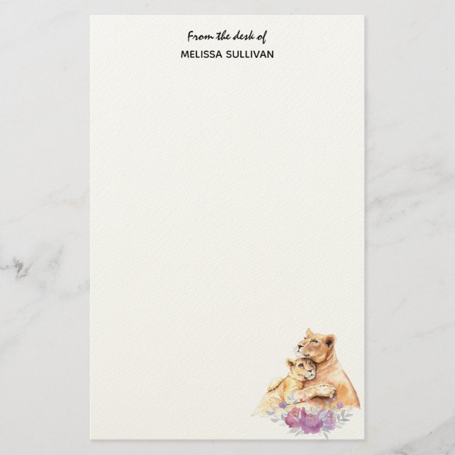 Cute Watercolor Mother Lion & Cub Stationery (Front)