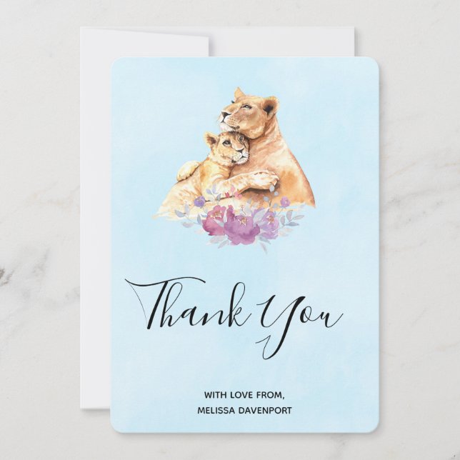 Cute Watercolor Mother Lion & Cub Thank You (Front)