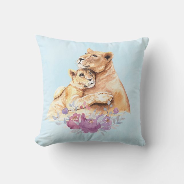 Cute Watercolor Mother Lion & Cub Throw Pillow (Front)