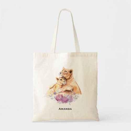 Cute Watercolor Mother Lion  Cub Tote Bag