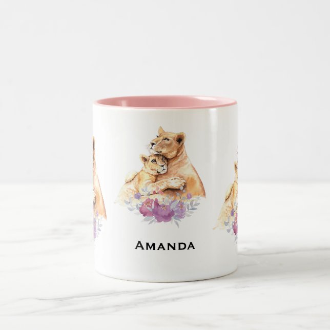Cute Watercolor Mother Lion & Cub Two-Tone Coffee Mug (Center)
