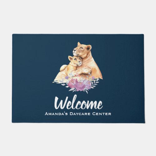 Cute Watercolor Mother Lion  Cub Welcome Doormat
