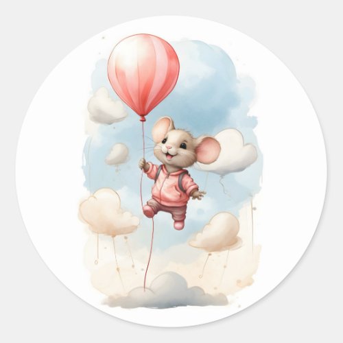 Cute Watercolor Mouse Floating in the Air  Classic Round Sticker