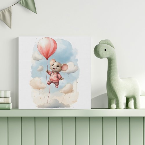 Cute Watercolor Mouse Floating in the Air Nursery  Faux Canvas Print