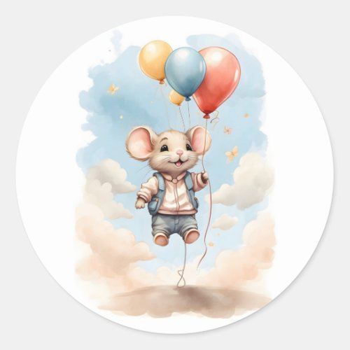 Cute Watercolor Mouse Floating with Balloons Classic Round Sticker