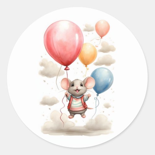 Cute Watercolor Mouse Floating with Balloons Classic Round Sticker