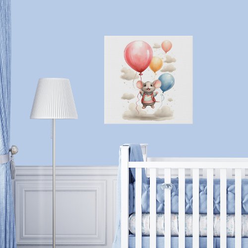 Cute Watercolor Mouse Floating with Balloons Faux Canvas Print
