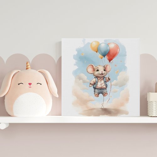 Cute Watercolor Mouse Floating with Balloons Faux Canvas Print