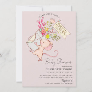 Cute Watercolor Mouse Girl Pink Baby Shower Invitation