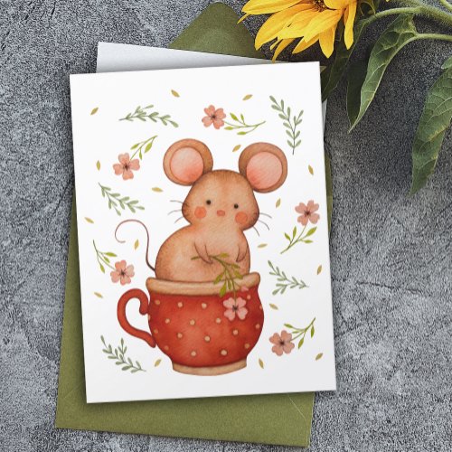 Cute Watercolor Mouse In A Teacup Birthday Postcard