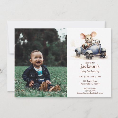 Cute Watercolor Mouse in Blue Car 1st Birthday Invitation