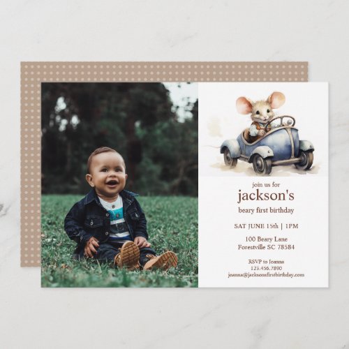 Cute Watercolor Mouse in Blue Car 1st Birthday Invitation