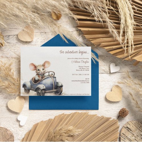 Cute Watercolor Mouse in Blue Car Baby Shower Invitation