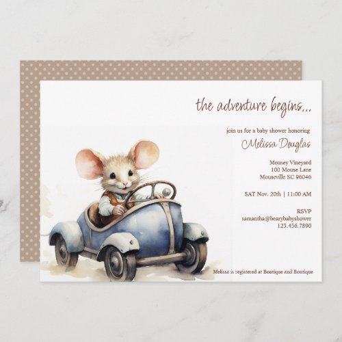 Cute Watercolor Mouse in Blue Car Baby Shower Invitation