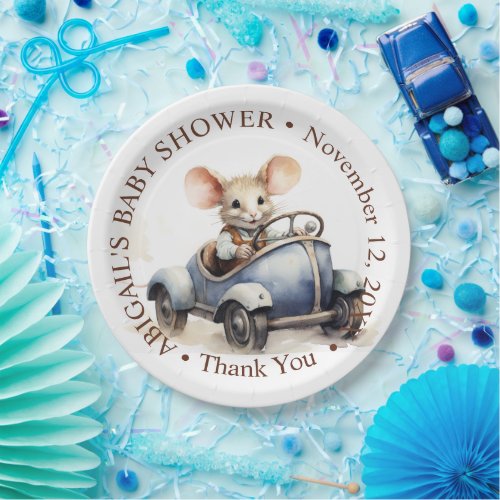 Cute Watercolor Mouse in Blue Car Baby Shower Paper Plates