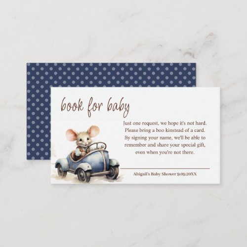 Cute Watercolor Mouse in Blue Car Book for Baby Enclosure Card