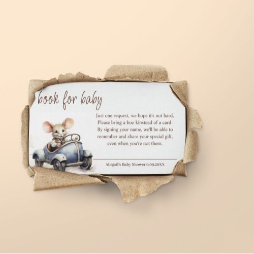 Cute Watercolor Mouse in Blue Car Book for Baby Enclosure Card