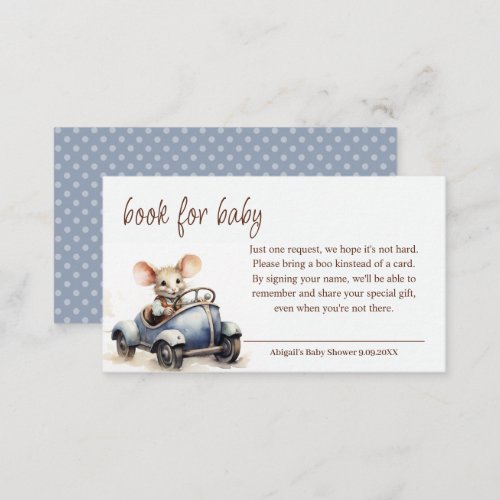 Cute Watercolor Mouse in Blue Car Book for Baby Enclosure Card