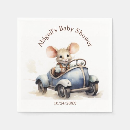 Cute Watercolor Mouse in Blue Car First Birthday Napkins