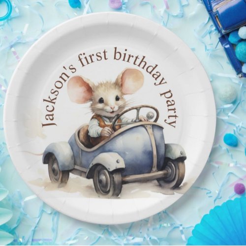 Cute Watercolor Mouse in Blue Car First Birthday Paper Plates