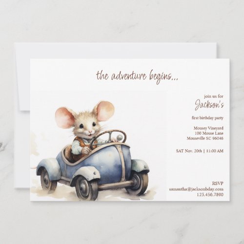 Cute Watercolor Mouse in Blue Kids Birthday Party Invitation