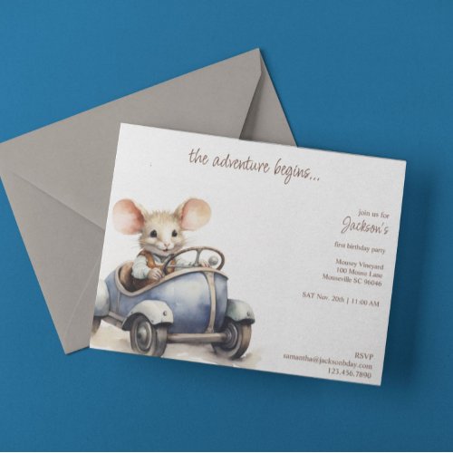 Cute Watercolor Mouse in Blue Kids Birthday Party Invitation