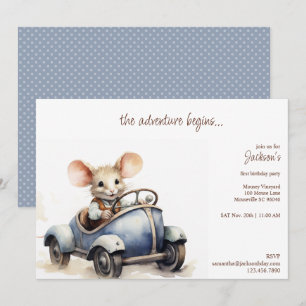 Cute Watercolor Mouse in Blue Kid's Birthday Party Invitation