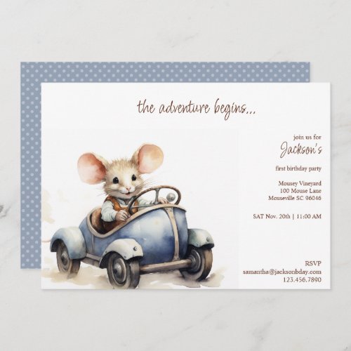Cute Watercolor Mouse in Blue Kids Birthday Party Invitation