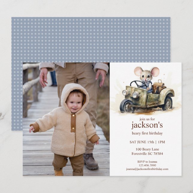 Cute Watercolor Mouse in Green Car 1st Birthday Invitation (Front/Back)