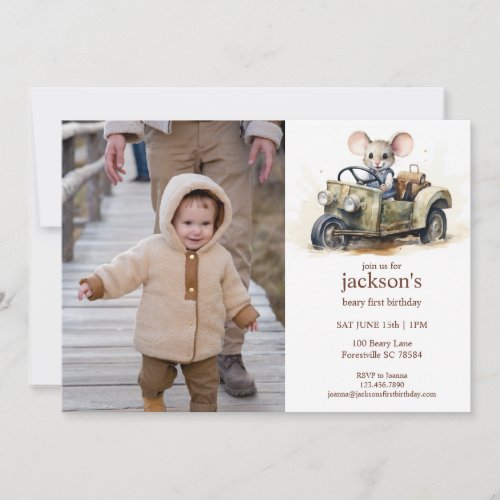 Cute Watercolor Mouse in Green Car 1st Birthday Invitation