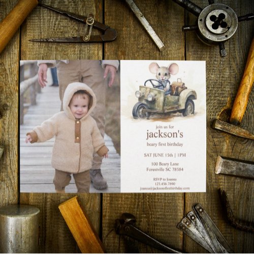 Cute Watercolor Mouse in Green Car 1st Birthday Invitation